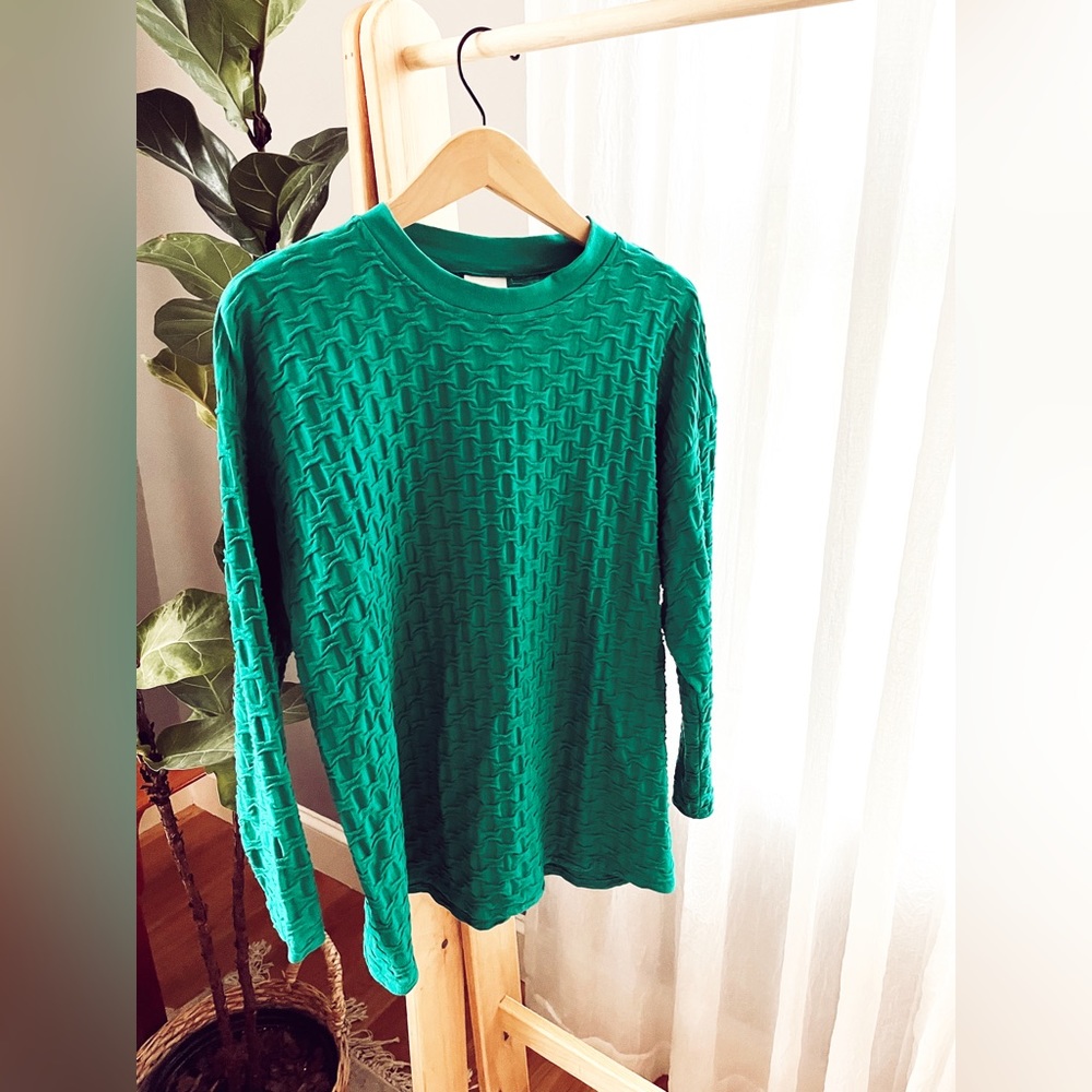 Smocked Vintage Long Sleeve Top Shirt USA 80s Teal Turquoise